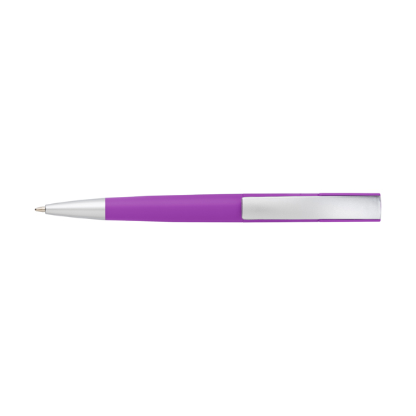 Plastic twist action ballpen with a curved clip, blue ink. in purple