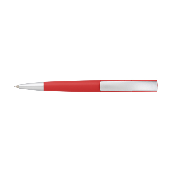 Plastic twist action ballpen with a curved clip, blue ink. in red