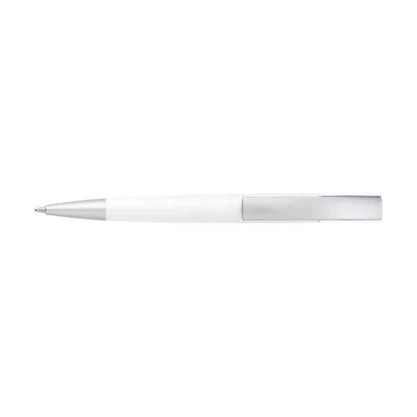 Plastic twist action ballpen with a curved clip, blue ink. in white