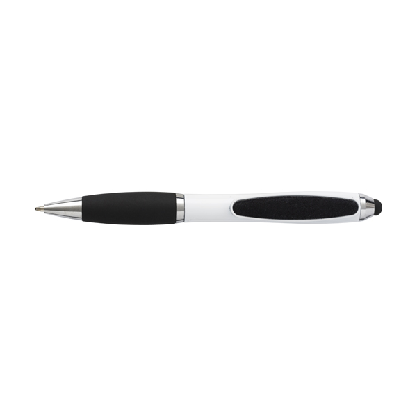 Plastic twist action ballpen with rubber tip and black ink. in white