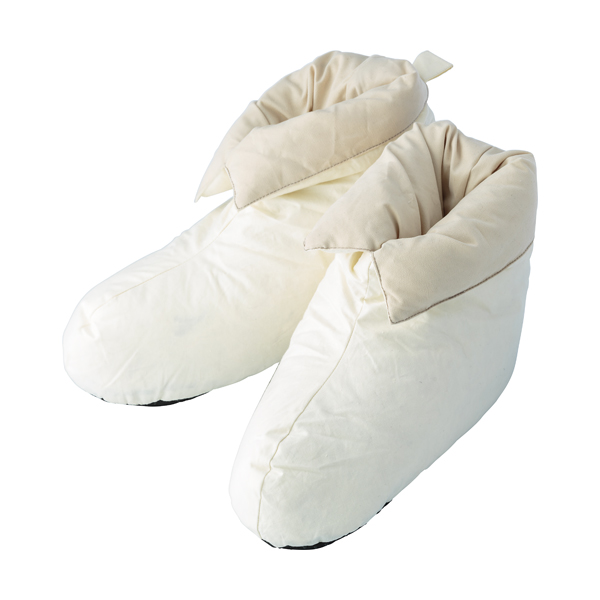 Cotton house shoes with duck feather and down lining and non slip soles, packed in a plastic and non-woven zipper bag with matching carry strap.  in natural