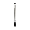 Food tongs with a rubber gripped handle. in black-and-silver