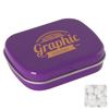 Flat hinged tin with sugar free mints in Purple