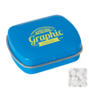 Small flat hinged tin with sugar free mints in Light Blue
