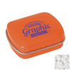 Small flat hinged tin with sugar free mints in Orange