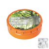 Round click tin with dextrose mints in Orange