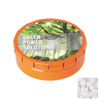 Round click tin with sugar free mints in Orange