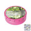 Round click tin with fruit heart sweets in Pink