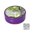 Round click tin with fruit heart sweets in Purple