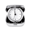 Metal travel alarm clock in shiny-silver