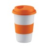 Ceramic mug w/ lid and sleeve in orange