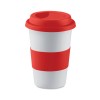 Ceramic mug w/ lid and sleeve in red