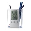 EDEM. Acrylic pen holder with digital clock in Satin Silver