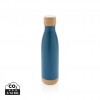 Vacuum stainless steel bottle with bamboo lid and bottom in Blue