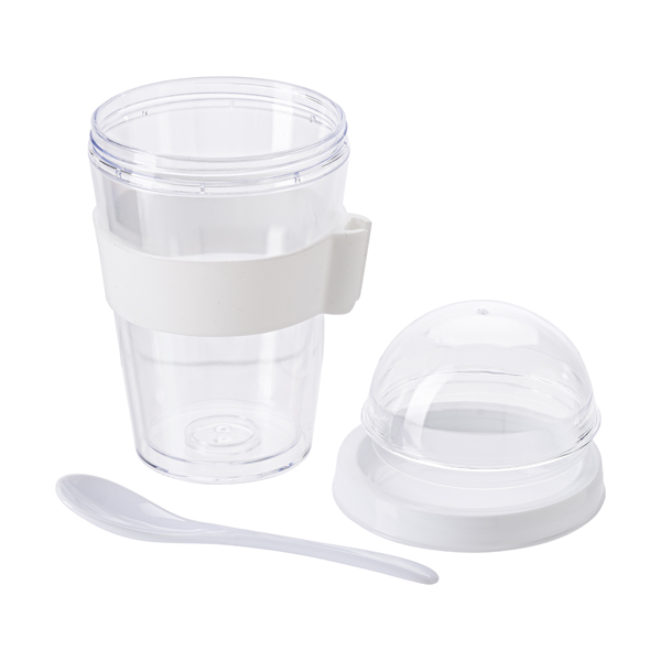 Plastic breakfast mug with separate compartment.