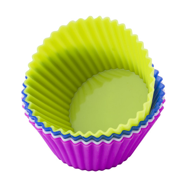 Set of four silicone cupcake liners in a transparent plastic packaging.