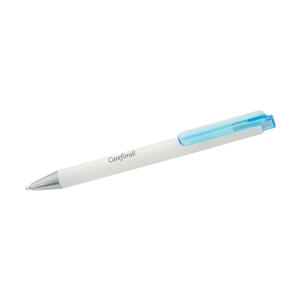 Plastic ballpen with white barrel and translucent coloured clip. blue ink.