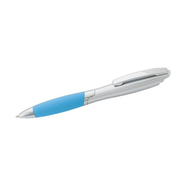 ABS ballpen with metal clip and rubber grip, blue ink. 