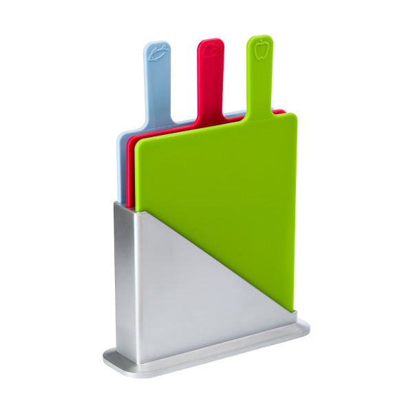 Three piece plastic cutting board set in a silver coloured holder; each cutting board is matched to a specific food group: blue is for fish and seafood, red is for poultry and meat