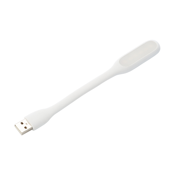 USB silicon reading lamp for laptop with a white LED light; light turns on when connected to the USB port and turns off when disconnected. Includes a silver plate for printing purp