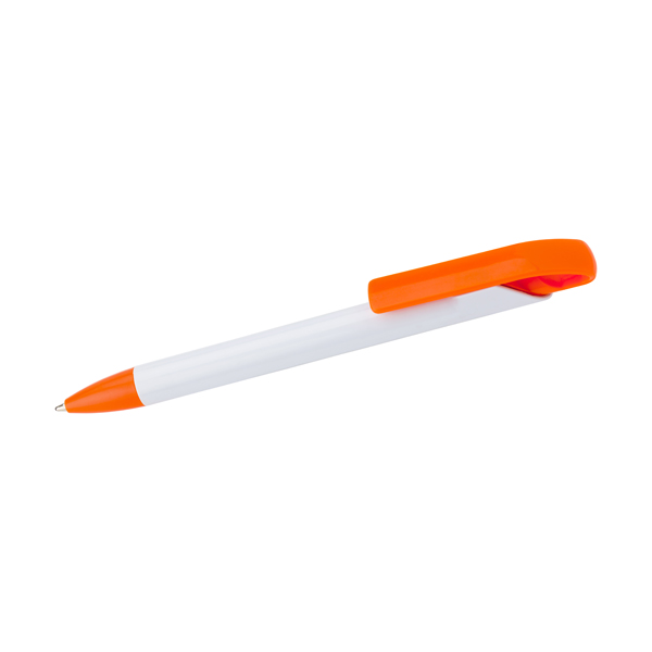 Plastic ballpen with a white barrel and coloured trim, blue ink. 