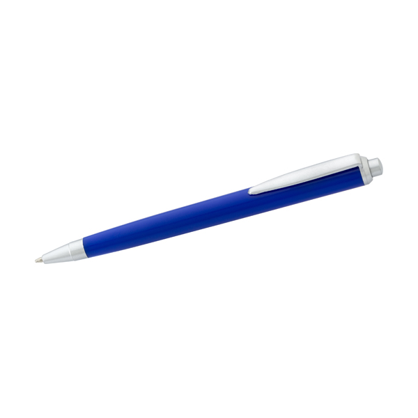 Plastic ballpen with silver trim parts, blue ink.