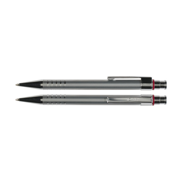 Rotring brass ballpen with chrome layered accents in gift box, blue ink.