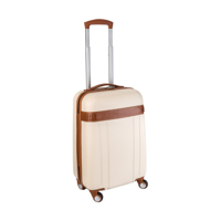 ABS plastic trolley with four wheels and extendable handle, a matching carry handle and a zipped closing. The pullers of the zipper are to be placed in the TSA002 lock with digits 