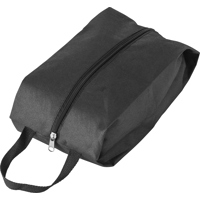 Non-woven (80g/m2) shoe bag, extendable up to 12 cm on each side, with a zip over the entire length and a polyester carry strap (approx. 2 x 23 cm). 
