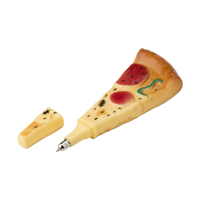 Plastic ballpen in the shape of a pizza slice with, blue ink.  