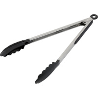 Food tongs with a rubber gripped handle.