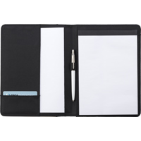 A5 Pad folio with PU cover,  a large internal pocket, one smaller sewed on pocket, an elasticated pen loop, and a 50 page lines note pad. 
