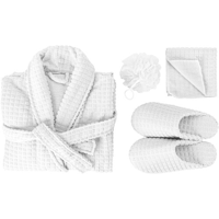 Polyester wellness set with waffle design bathrobe with two front pockets, a wash cloth (approx. 30 x 31 cm) pair of slippers with small anti-slip silicon dots, all folded together