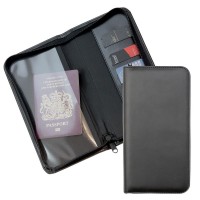 Zipped Travel Wallet with one clear pocket and one material pocket with card slots.