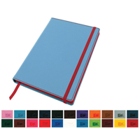Accent A5 Notebook with a Belluno Soft Touch Cover in a Choice of 22 Colours with a Contrast Colour Elastic Strap, Edge Stitch, Edge Stained Paper & Page Marker.