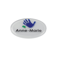 Personalised Acrylic Name Badges, white background, full colour print with clear dome finish