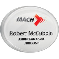 Personalised Acrylic Name Badges, silver background, full colour print with clear dome finish
