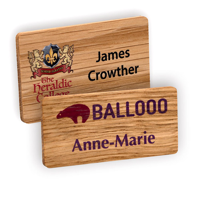 Personalised Real Wood Name Badges, full colour logo, laser engraved personalisation