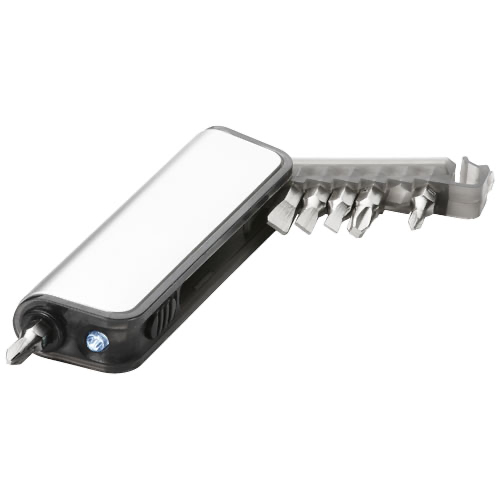 Reno 7-function mini tool box with LED flashlight in 