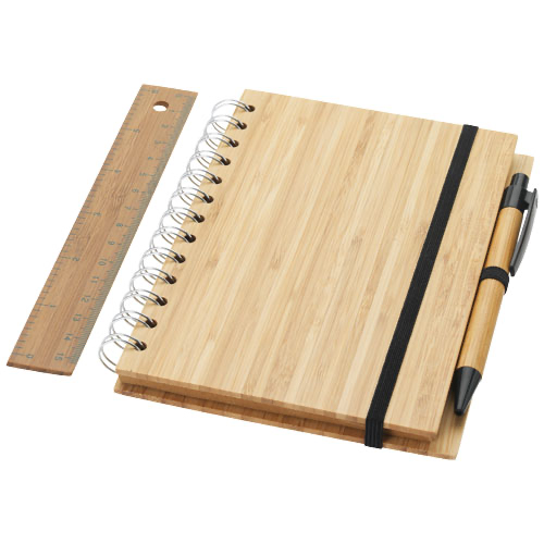 Franklin B6 bamboo notebook with pen and ruler in wood