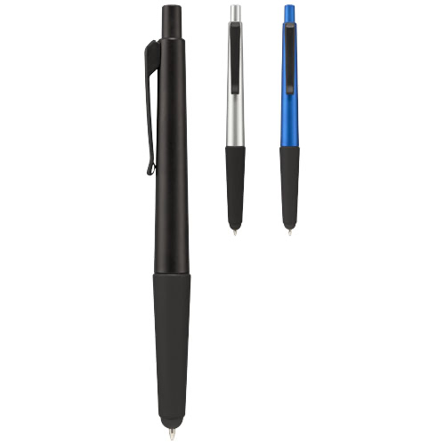 Gummy stylus ballpoint pen with soft-touch grip in silver-and-black-solid