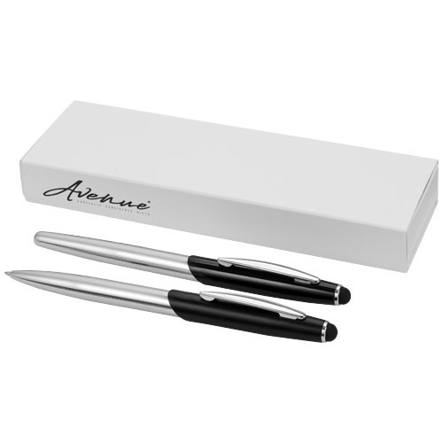 Geneva stylus ballpoint pen and rollerball pen set in silver-and-black-solid