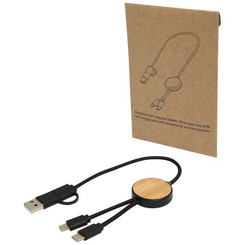 Chechia 5-in-1 recycled plastic 30 cm data sync and 27W fast charge cable with bamboo details in 