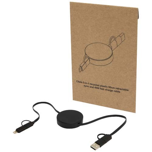 Citala 5-in-1 recycled plastic 90 cm retractable data sync and 40W fast charge cable in 
