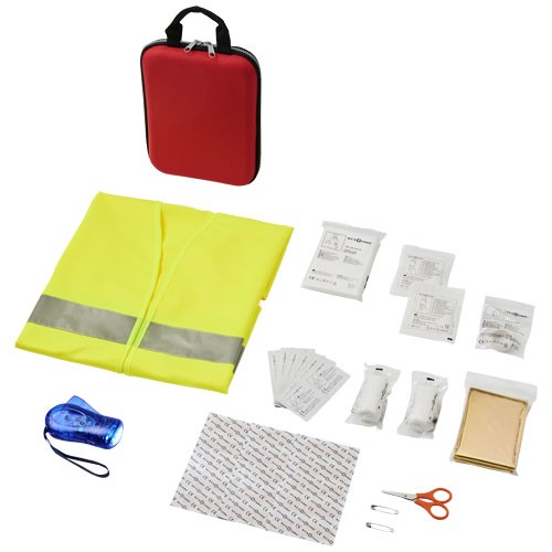Handies 46-piece first aid kit and safety vest in red