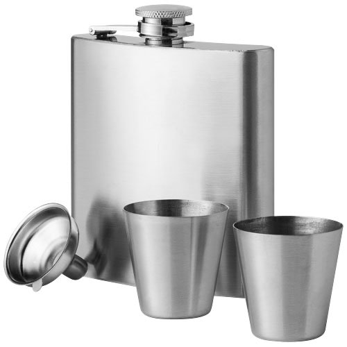 Texas 175 ml hip flask with two shot tumblers in silver
