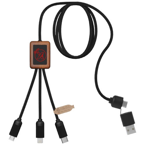 SCX.design C38 5-in-1 rPET light-up logo charging cable with squared wooden casing in 