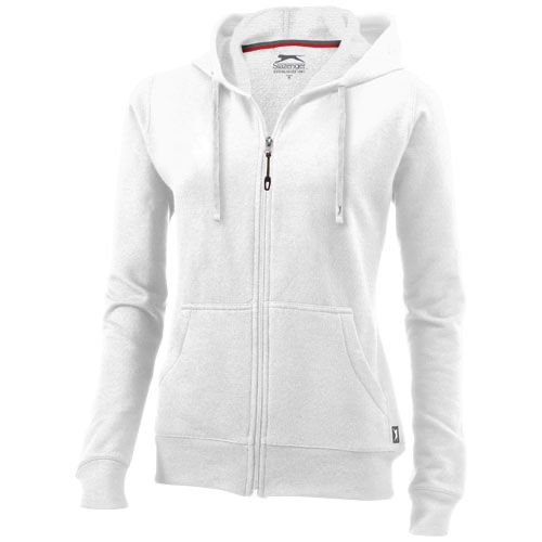 Open full zip hooded ladies sweater in white-solid
