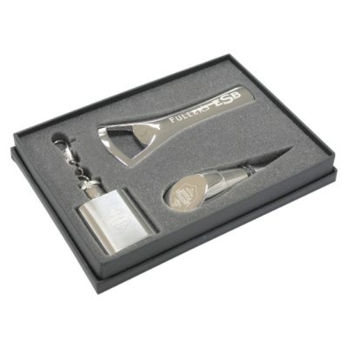 Festive Set with Deluxe Wine Stopper, Bottle Opener, and Hip Flask Keyring