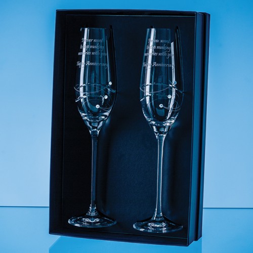 2 Diamante Champagne Flutes with Spiral Design Cutting in an attractive Gift Box